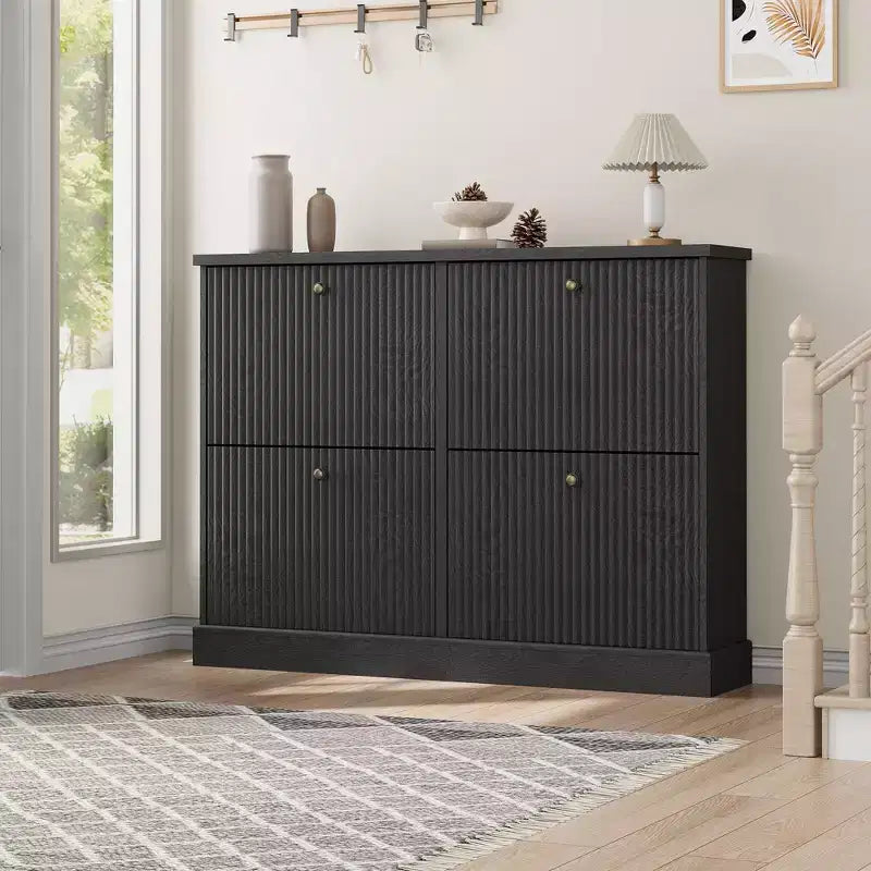 Scarpiera con 4 Ante a Ribalta, Organizzatore di Scarpe Stretto Moderno con Design a Onda e Ripiani Regolabili, Scarpiera per Ingresso, Soggiorno, Corridoio