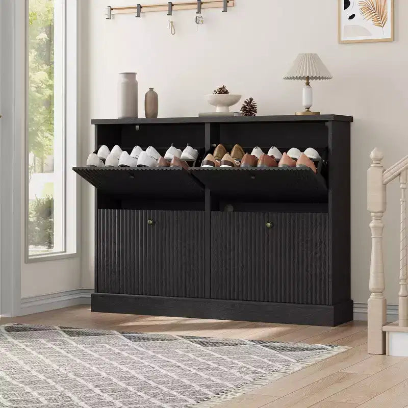 Shoe Cabinet with 4 Flip Drawers, Modern Narrow Wave Shoe Organizer with Adjustable Shelves,Shoe Cabinet for Entryway, Living Room, Hallway