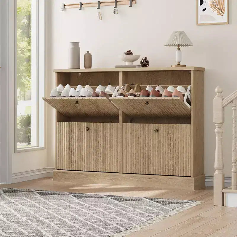 Shoe Cabinet with 4 Flip Drawers, Modern Narrow Wave Shoe Organizer with Adjustable Shelves,Shoe Cabinet for Entryway, Living Room, Hallway