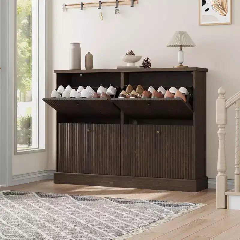 Shoe Cabinet with 4 Flip Drawers, Modern Narrow Wave Shoe Organizer with Adjustable Shelves,Shoe Cabinet for Entryway, Living Room, Hallway