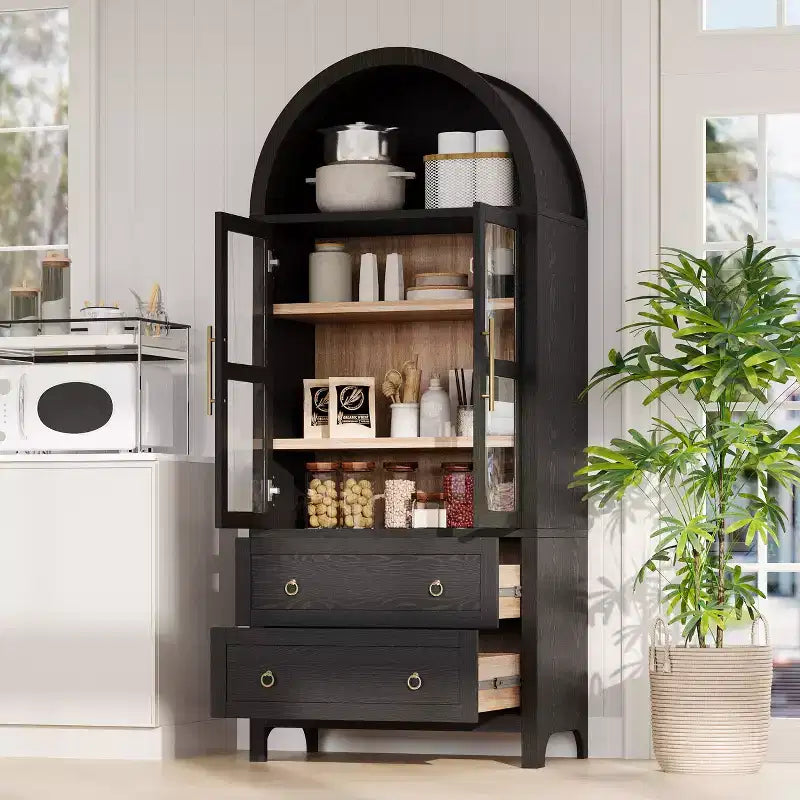 sumyeg 71 Tall Arched Kitchen Pantry Cabinet with Glass Doors, Adjustable Shelves & 2 Large Drawers