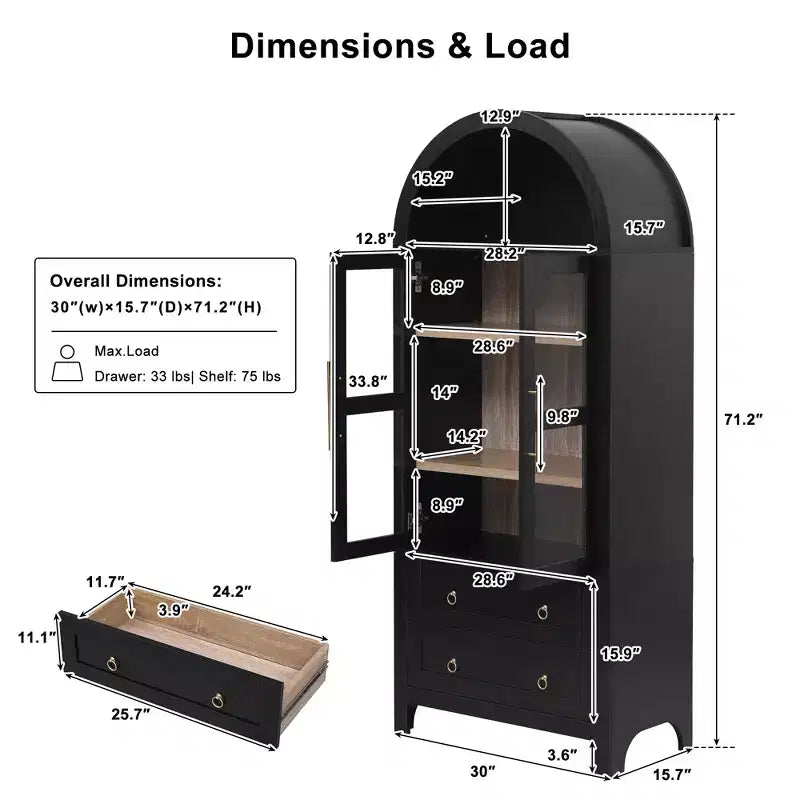 sumyeg 71 Tall Arched Kitchen Pantry Cabinet with Glass Doors, Adjustable Shelves & 2 Large Drawers