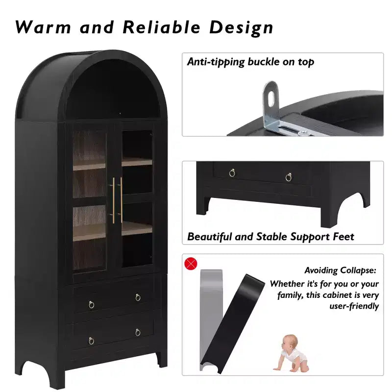sumyeg 71 Tall Arched Kitchen Pantry Cabinet with Glass Doors, Adjustable Shelves & 2 Large Drawers