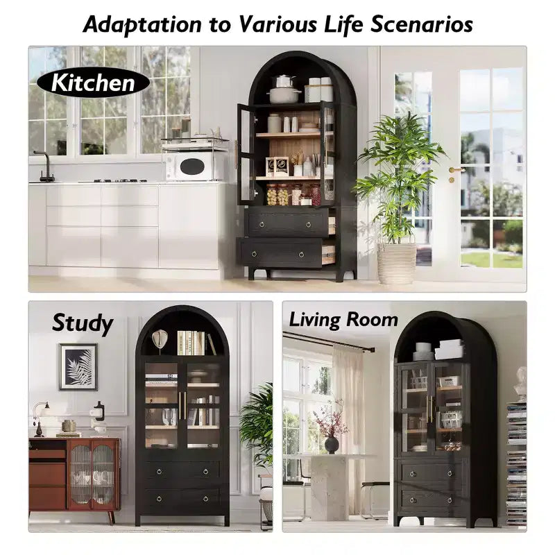 sumyeg 71 Tall Arched Kitchen Pantry Cabinet with Glass Doors, Adjustable Shelves & 2 Large Drawers