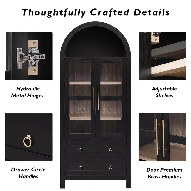 sumyeg 71 Tall Arched Kitchen Pantry Cabinet with Glass Doors, Adjustable Shelves & 2 Large Drawers