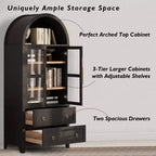 sumyeg 71 Tall Arched Kitchen Pantry Cabinet with Glass Doors, Adjustable Shelves & 2 Large Drawers