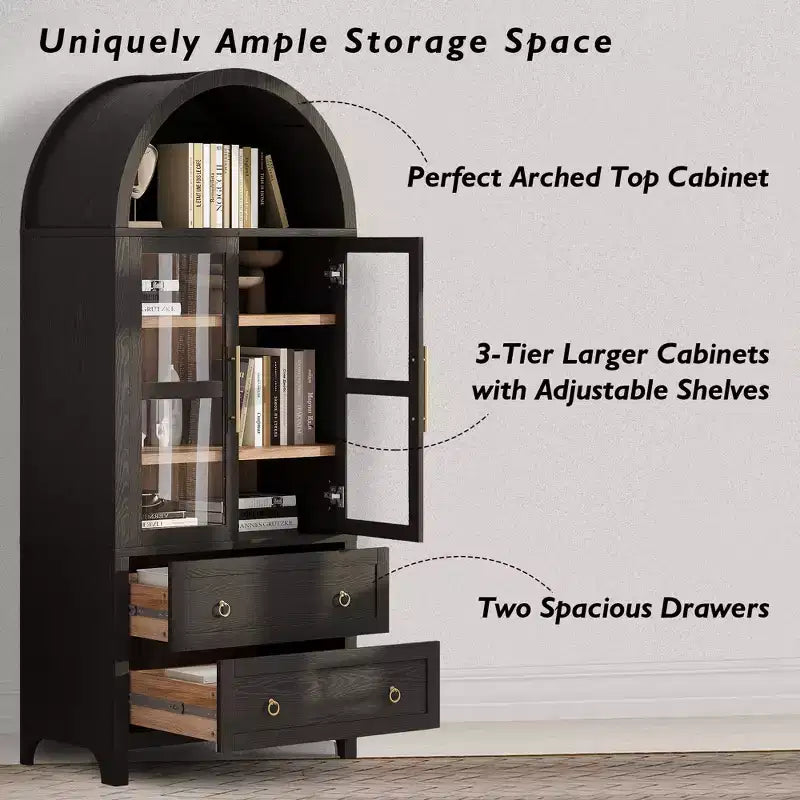 sumyeg 71 Tall Arched Kitchen Pantry Cabinet with Glass Doors, Adjustable Shelves & 2 Large Drawers