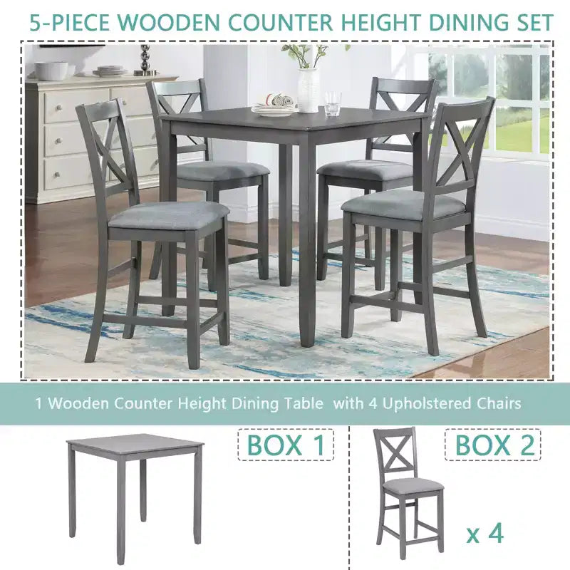 sumyeg 5 Piece Square Counter Height Dining Table Set with 4 Upholstered Chairs