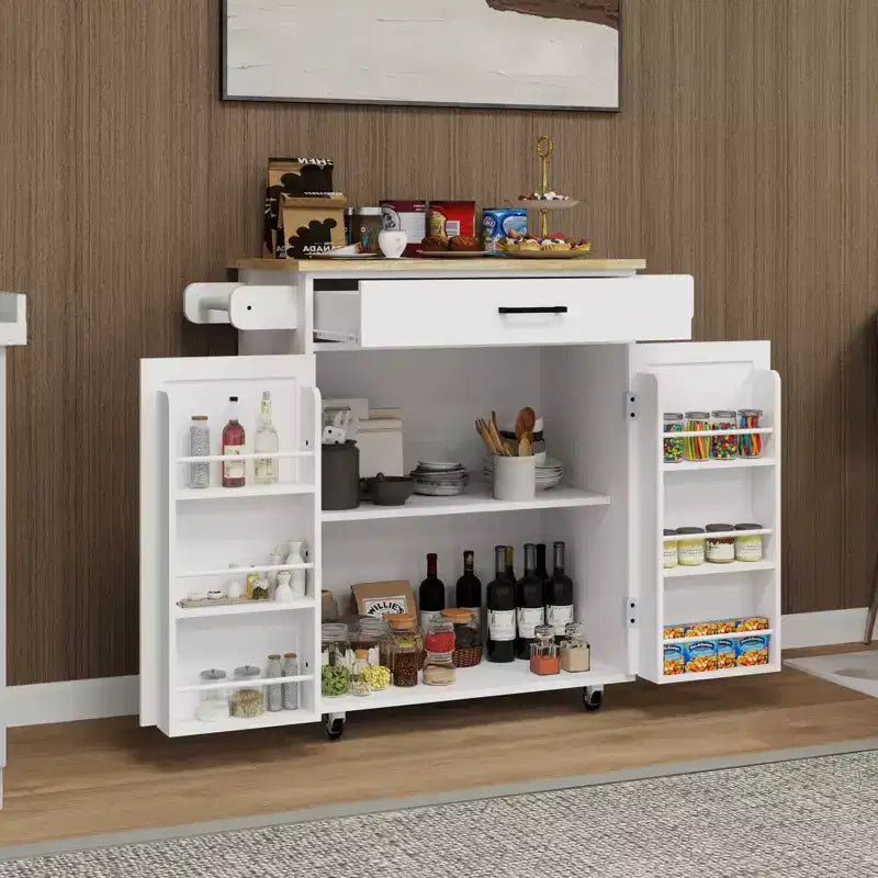 sumyeg Carrello da Cucina con Cassetto, Armadietto, Scaffale e Piano in Legno di Gomma