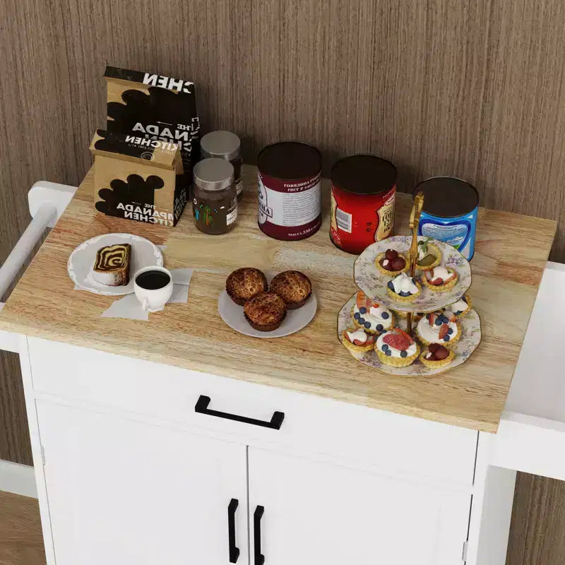 sumyeg Carrello da Cucina con Cassetto, Armadietto, Scaffale e Piano in Legno di Gomma