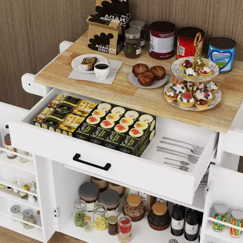 sumyeg Carrello da Cucina con Cassetto, Armadietto, Scaffale e Piano in Legno di Gomma