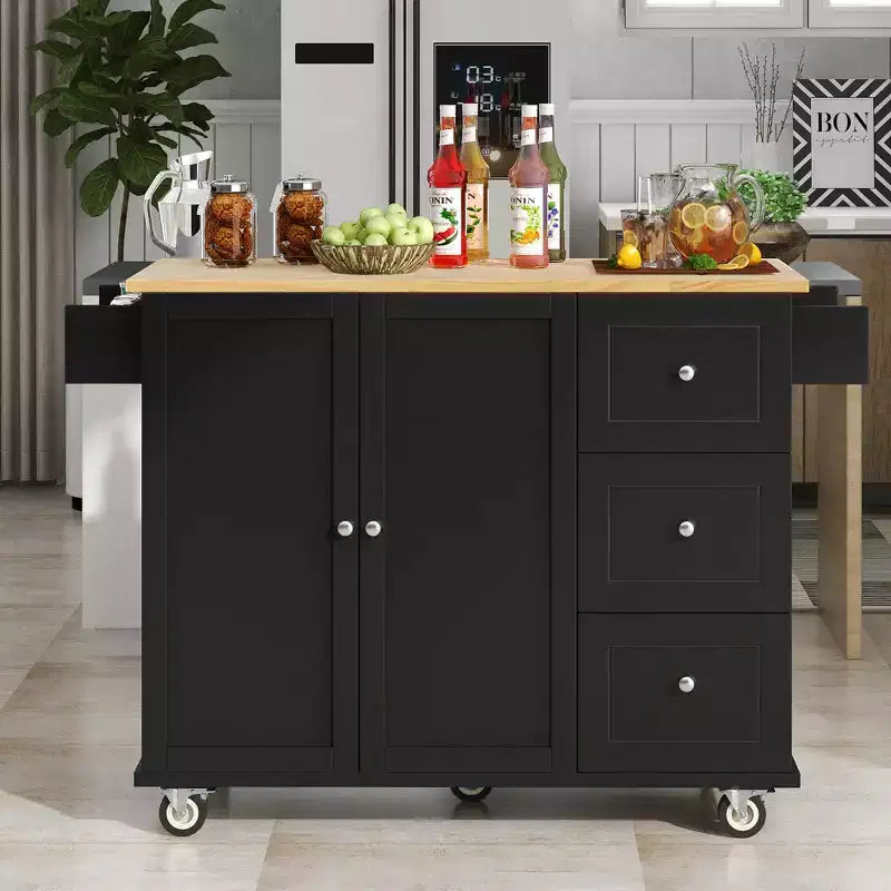 sumyeg Isola da Cucina Mobile con Piano in Legno Massello, Barra a Ribalta, Ruote Bloccabili, Mobile Contenitore, Portaspezie, Portasciugamani e Cassetto, 133,9 cm