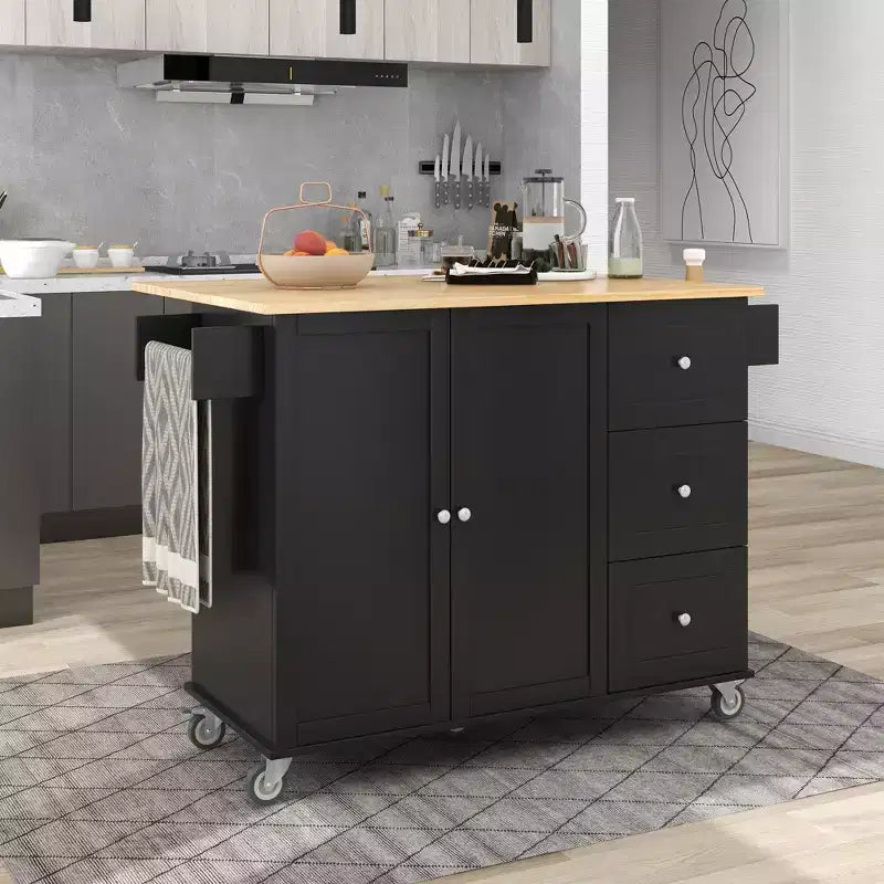 sumyeg Isola da Cucina Mobile con Piano in Legno Massello, Barra a Ribalta, Ruote Bloccabili, Mobile Contenitore, Portaspezie, Portasciugamani e Cassetto, 133,9 cm