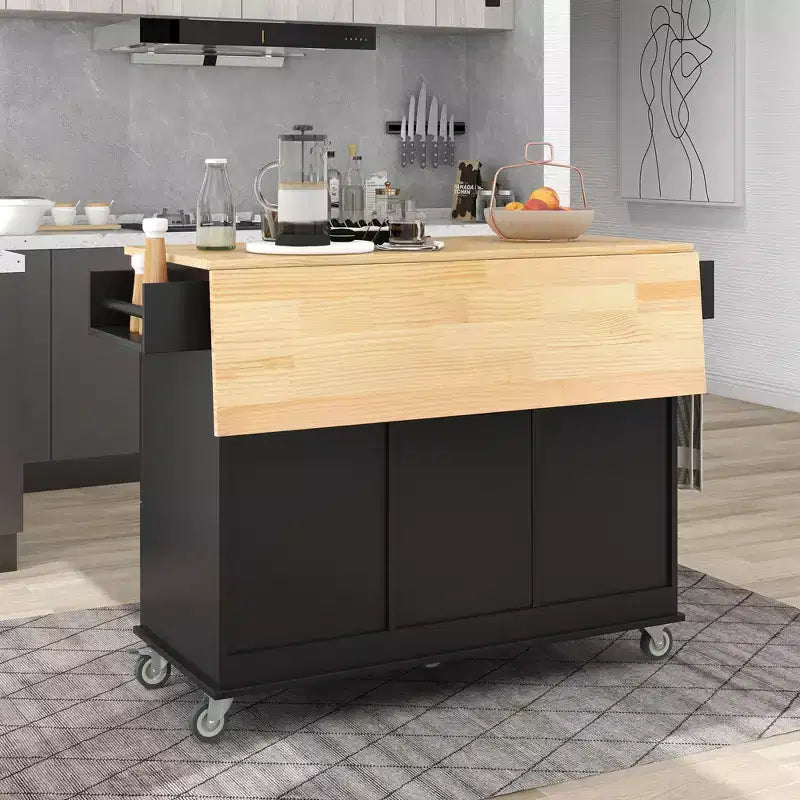 sumyeg Isola da Cucina Mobile con Piano in Legno Massello, Barra a Ribalta, Ruote Bloccabili, Mobile Contenitore, Portaspezie, Portasciugamani e Cassetto, 133,9 cm