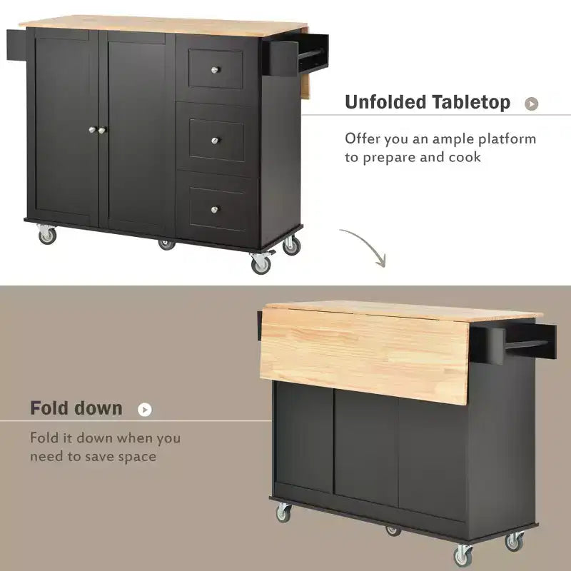 sumyeg Isola da Cucina Mobile con Piano in Legno Massello, Barra a Ribalta, Ruote Bloccabili, Mobile Contenitore, Portaspezie, Portasciugamani e Cassetto, 133,9 cm