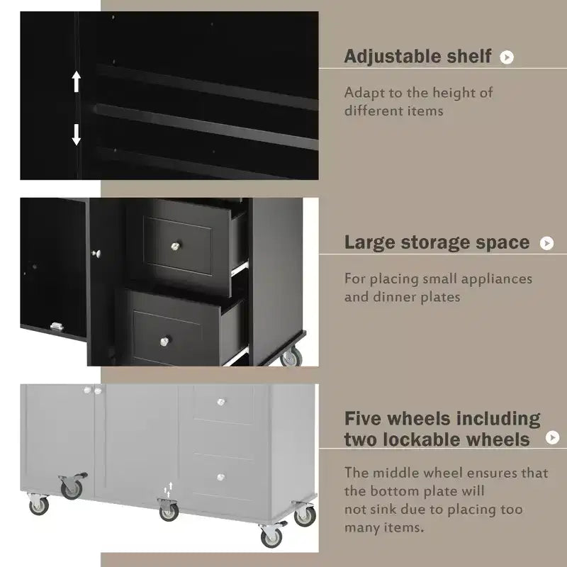 sumyeg Isola da Cucina Mobile con Piano in Legno Massello, Barra a Ribalta, Ruote Bloccabili, Mobile Contenitore, Portaspezie, Portasciugamani e Cassetto, 133,9 cm