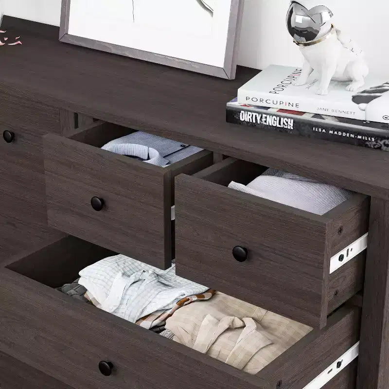 Fluted Dresser. 5-Drawer Tall Chest w/ Gold Metal Handles & Legs. Storage Organizer