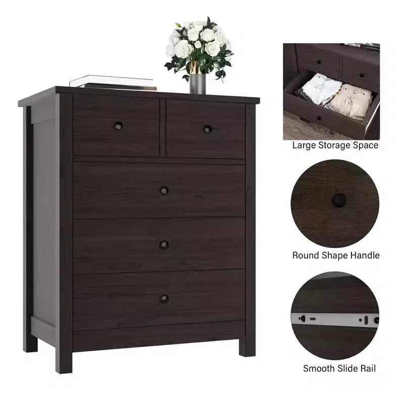 Fluted Dresser. 5-Drawer Tall Chest w/ Gold Metal Handles & Legs. Storage Organizer