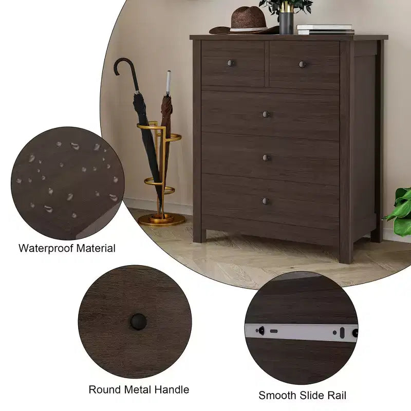 Fluted Dresser. 5-Drawer Tall Chest w/ Gold Metal Handles & Legs. Storage Organizer