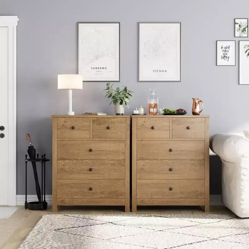 Fluted Dresser. 5-Drawer Tall Chest w/ Gold Metal Handles & Legs. Storage Organizer