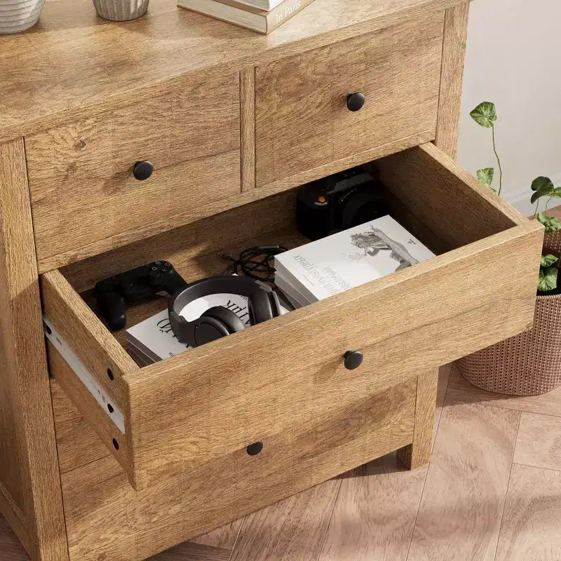 Fluted Dresser. 5-Drawer Tall Chest w/ Gold Metal Handles & Legs. Storage Organizer