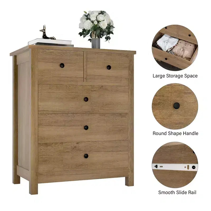 Fluted Dresser. 5-Drawer Tall Chest w/ Gold Metal Handles & Legs. Storage Organizer