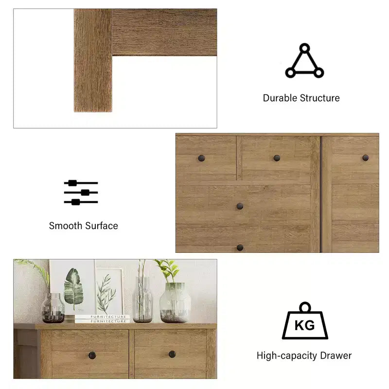 Fluted Dresser. 5-Drawer Tall Chest w/ Gold Metal Handles & Legs. Storage Organizer