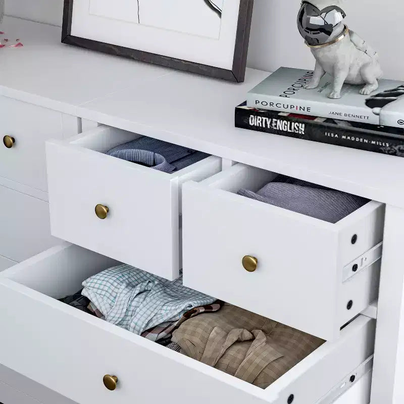 Fluted Dresser. 5-Drawer Tall Chest w/ Gold Metal Handles & Legs. Storage Organizer