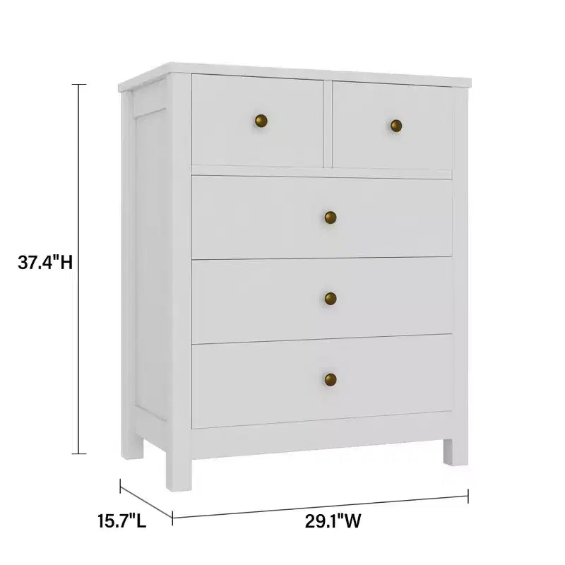 Fluted Dresser. 5-Drawer Tall Chest w/ Gold Metal Handles & Legs. Storage Organizer