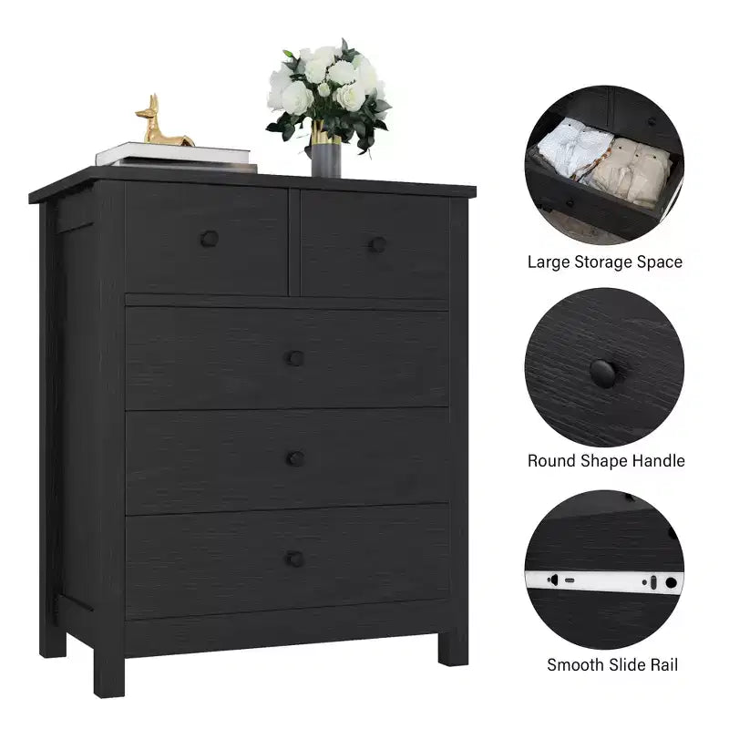 Fluted Dresser. 5-Drawer Tall Chest w/ Gold Metal Handles & Legs. Storage Organizer