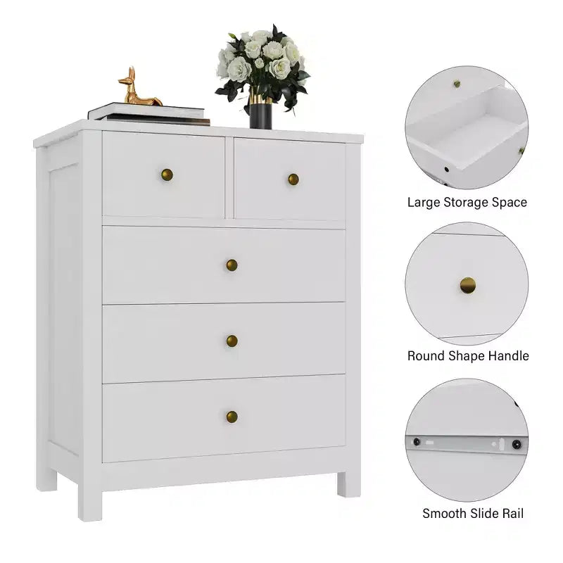 Fluted Dresser. 5-Drawer Tall Chest w/ Gold Metal Handles & Legs. Storage Organizer