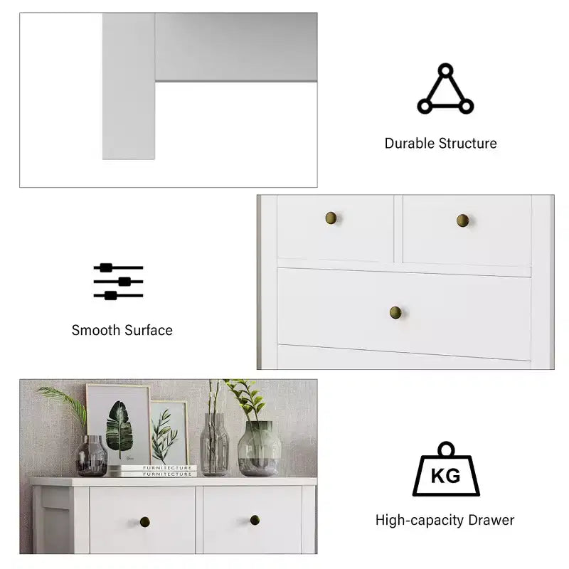 Fluted Dresser. 5-Drawer Tall Chest w/ Gold Metal Handles & Legs. Storage Organizer