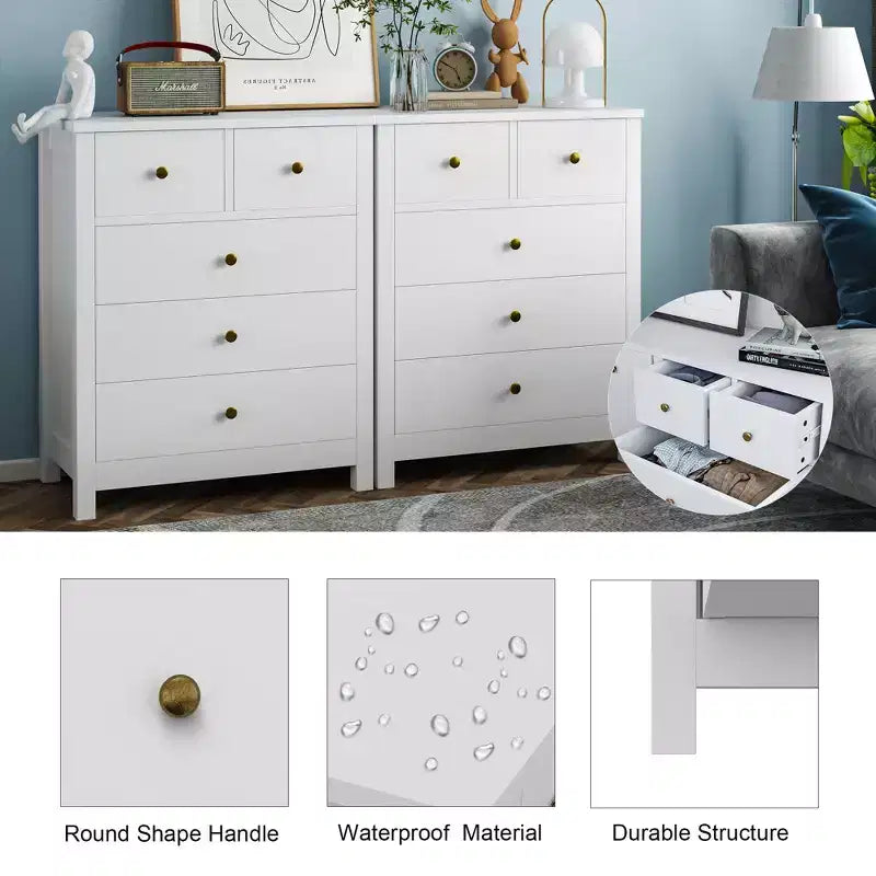 Fluted Dresser. 5-Drawer Tall Chest w/ Gold Metal Handles & Legs. Storage Organizer