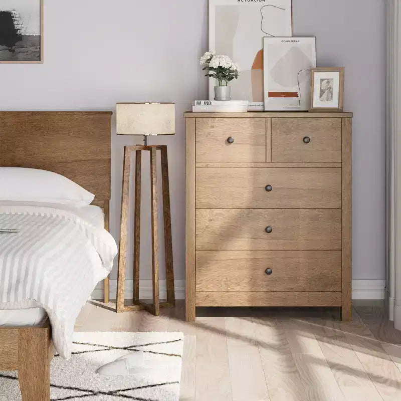 Fluted Dresser. 5-Drawer Tall Chest w/ Gold Metal Handles & Legs. Storage Organizer