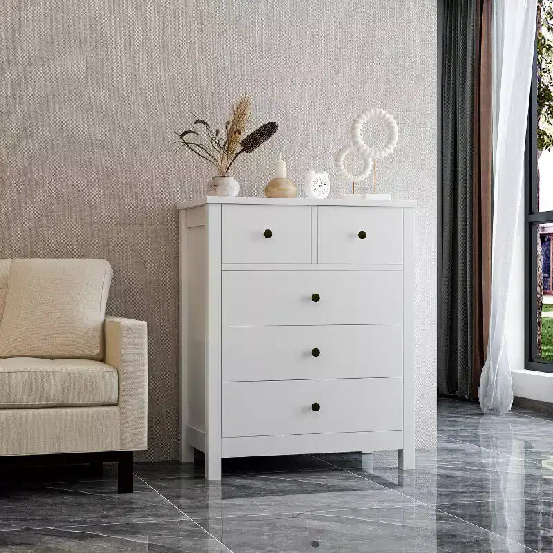 Fluted Dresser. 5-Drawer Tall Chest w/ Gold Metal Handles & Legs. Storage Organizer