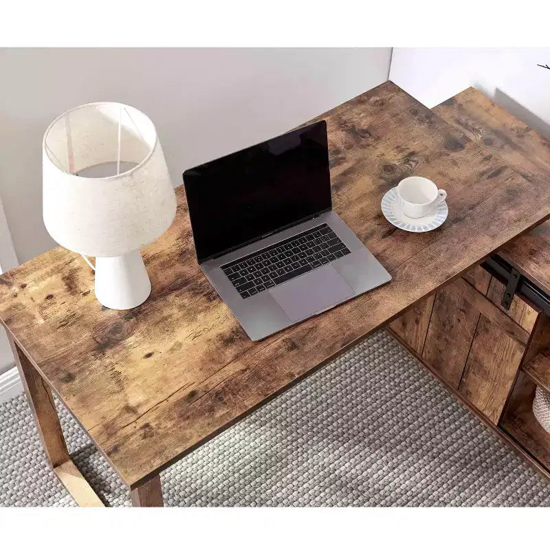 TUYOHW 47.25 L-Shaped Desk,Workstation with Sliding Barn Door Credenza,Reversible Home Office Desk,Finished Back Floating Workstation