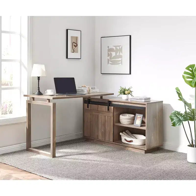 TUYOHW 47.25 L-Shaped Desk,Workstation with Sliding Barn Door Credenza,Reversible Home Office Desk,Finished Back Floating Workstation