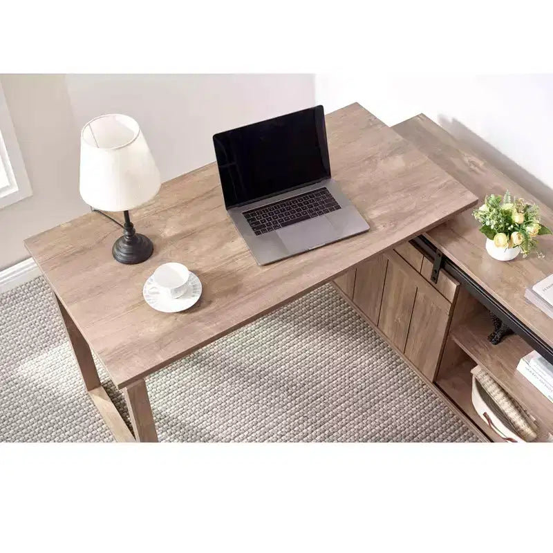 TUYOHW 47.25 L-Shaped Desk,Workstation with Sliding Barn Door Credenza,Reversible Home Office Desk,Finished Back Floating Workstation