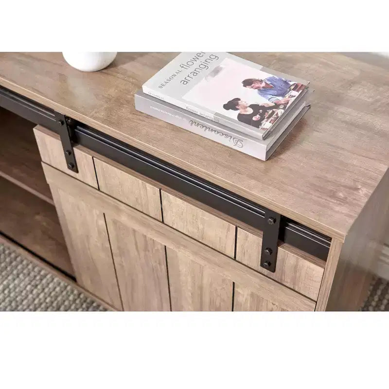 TUYOHW 47.25 L-Shaped Desk,Workstation with Sliding Barn Door Credenza,Reversible Home Office Desk,Finished Back Floating Workstation