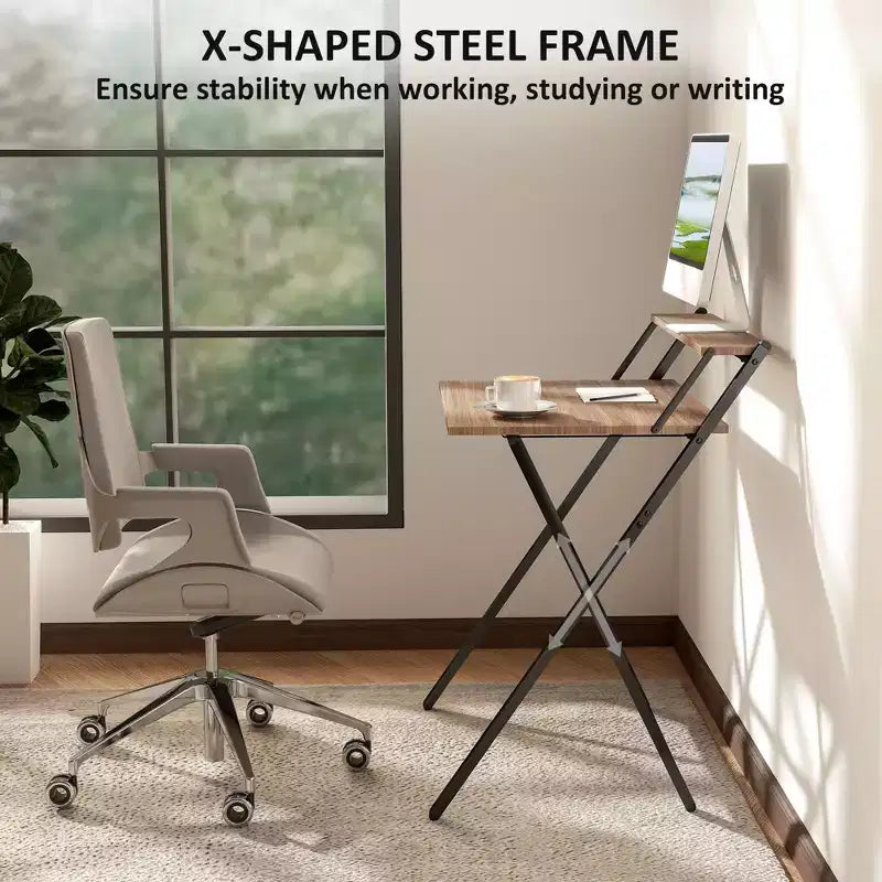 TUYOHW Foldable Study Desk,Folding Computer Desk with Monitor Shelf,X-Shaped Steel Frame,Writing Desk for Home Office,Study,Small Spaces