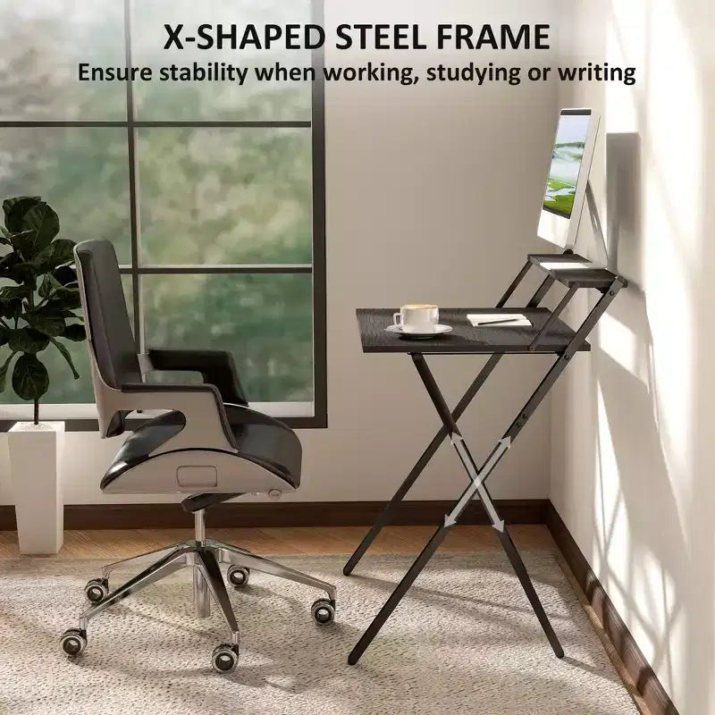 TUYOHW Foldable Study Desk,Folding Computer Desk with Monitor Shelf,X-Shaped Steel Frame,Writing Desk for Home Office,Study,Small Spaces