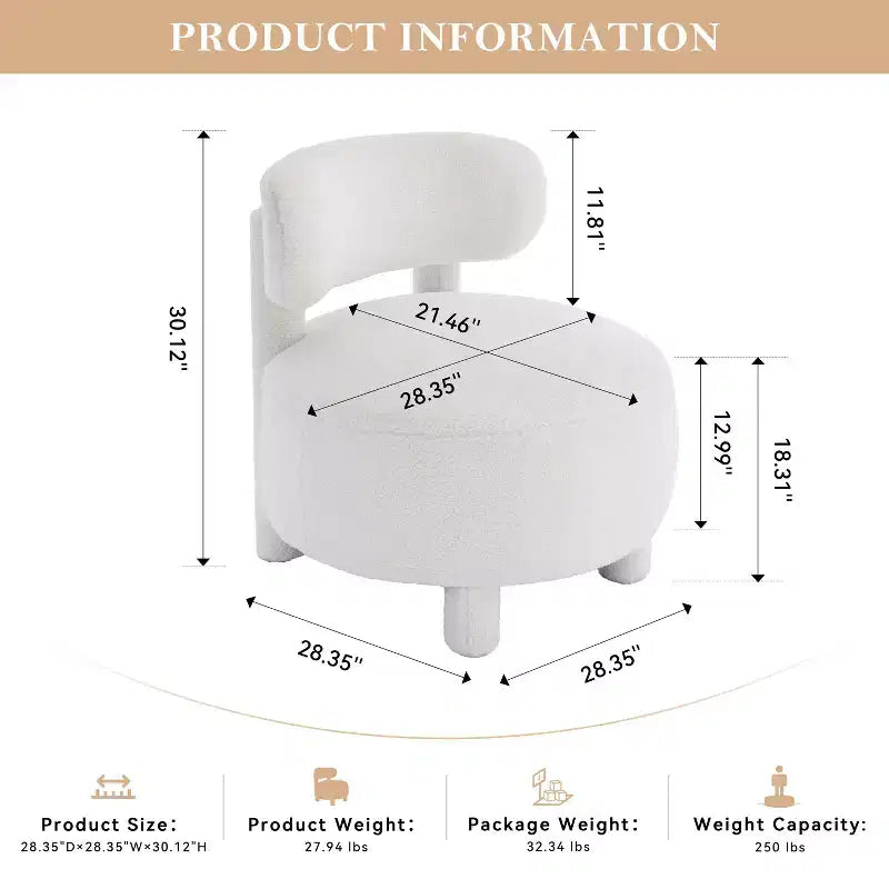 TUYOHW Poltrona Moderna Rotonda con Schienale Curvo, Sedia da Lettura Imbottita Spessa con Gambe in Legno, Accogliente Sedia da Salotto per Soggiorno, Camera da Letto