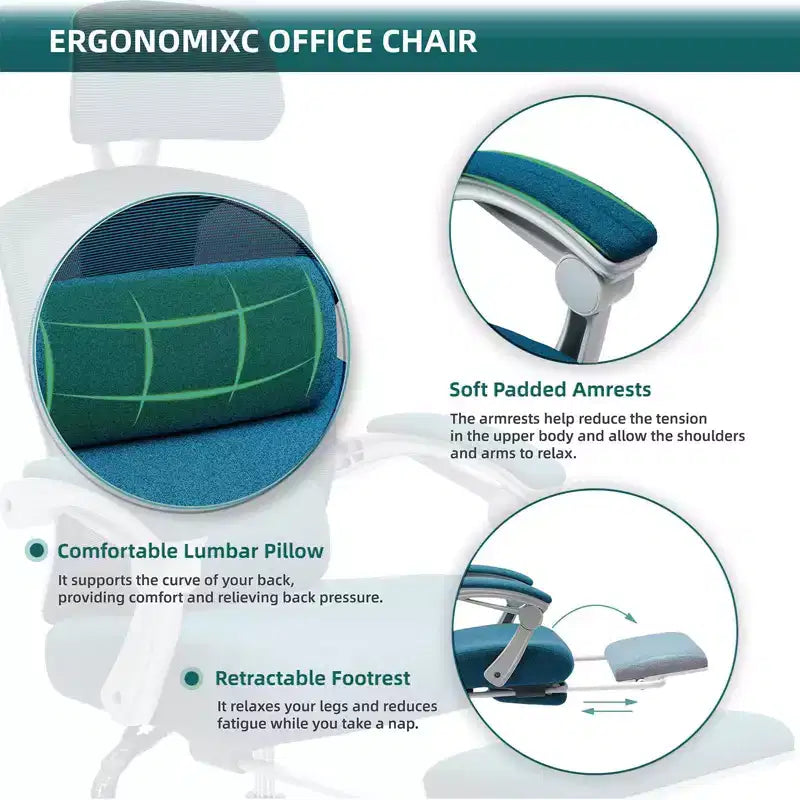 Sedia da ufficio ergonomica TUYOHW con poggiapiedi estraibile, sedia da gaming con cuscino di supporto lombare e braccioli imbottiti, sedia girevole per ufficio