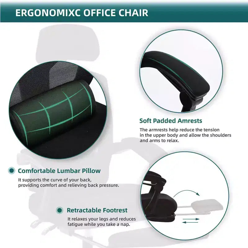 Sedia da ufficio ergonomica TUYOHW con poggiapiedi estraibile, sedia da gaming con cuscino di supporto lombare e braccioli imbottiti, sedia girevole per ufficio