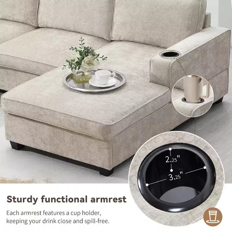 Divano sezionale a U a 6 posti in ciniglia Polibi con chaise longue oversize
