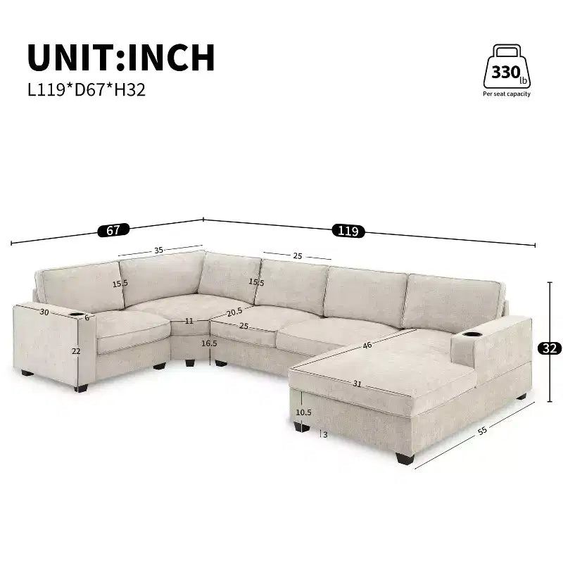 Divano sezionale a U a 6 posti in ciniglia Polibi con chaise longue oversize