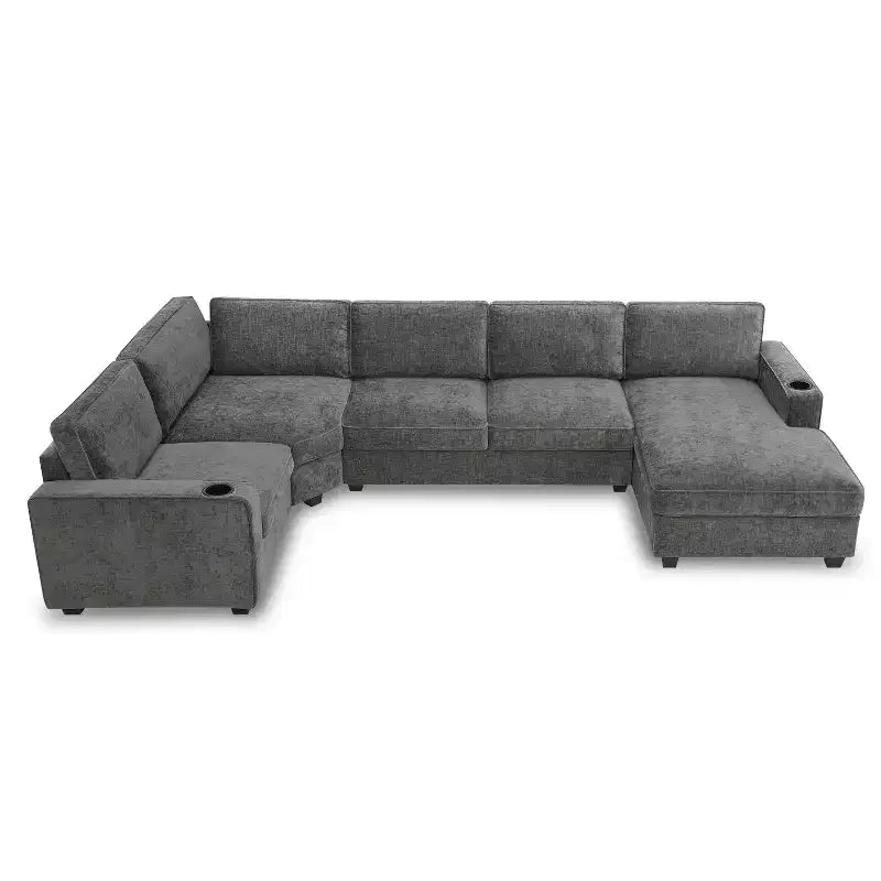Divano sezionale a U a 6 posti in ciniglia Polibi con chaise longue oversize