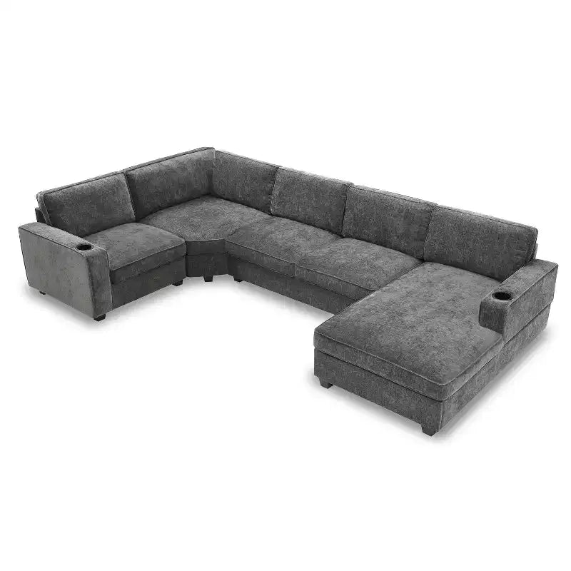 Divano sezionale a U a 6 posti in ciniglia Polibi con chaise longue oversize