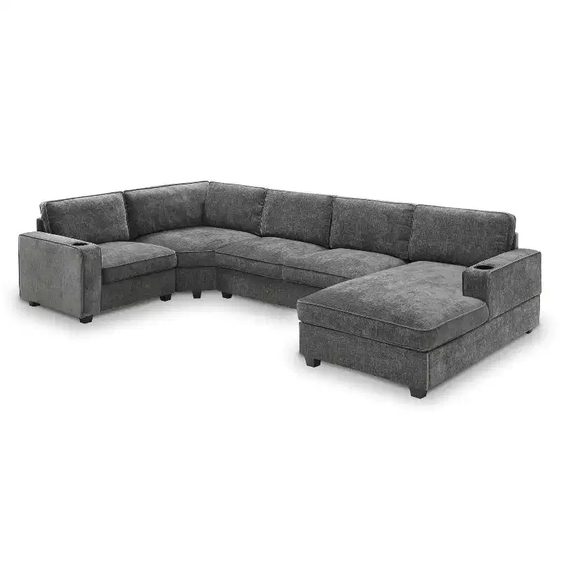 Divano sezionale a U a 6 posti in ciniglia Polibi con chaise longue oversize