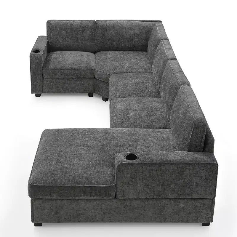 Divano sezionale a U a 6 posti in ciniglia Polibi con chaise longue oversize